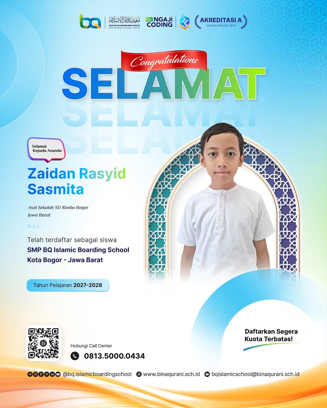 Selamat, siswa baru SMP BQ Tahun Pelajaran 2027-2028